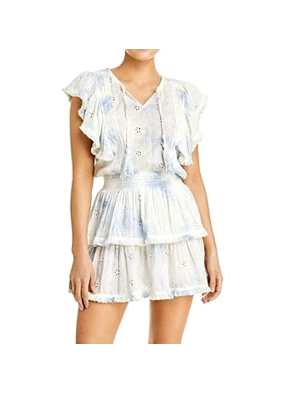 Surf Gypsy Bohemian Mini Dress Classic Floral Eyelet Smock Waist Blue Tie Dye